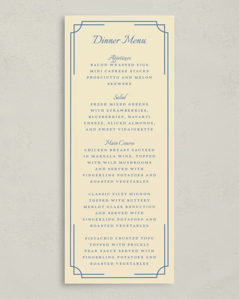 This is a 3⅝" x 8⅞" Wedding Menu Card called Cambridge printed in full color on Premium Smooth paper