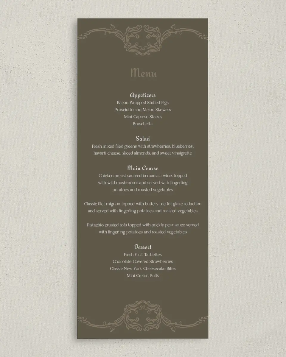 This is a 3⅝" x 8⅞" Wedding Menu Card called Lafayette printed in full color on Premium Smooth paper