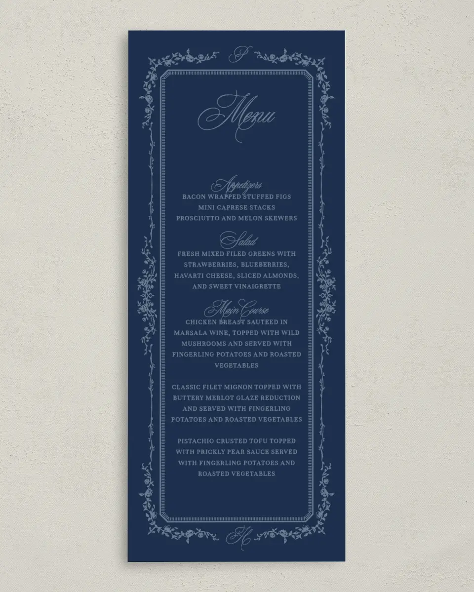 This is a 3⅝" x 8⅞" Wedding Menu Card called Berkeley printed in full color with Silver foil on Luxe Satin (coated) paper