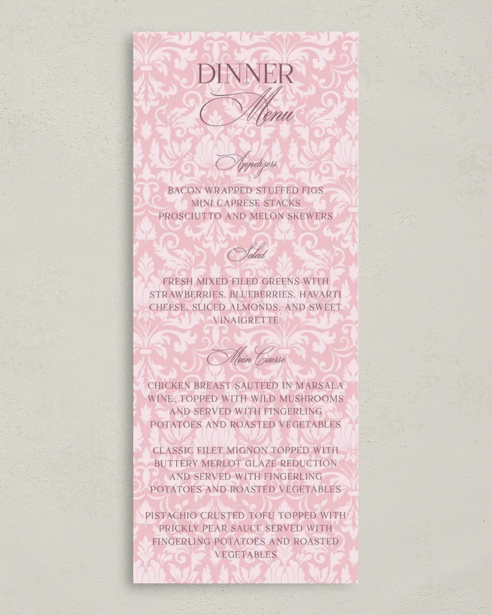 This is a 3⅝" x 8⅞" Wedding Menu Card called Roswell printed in full color on Premium Smooth paper