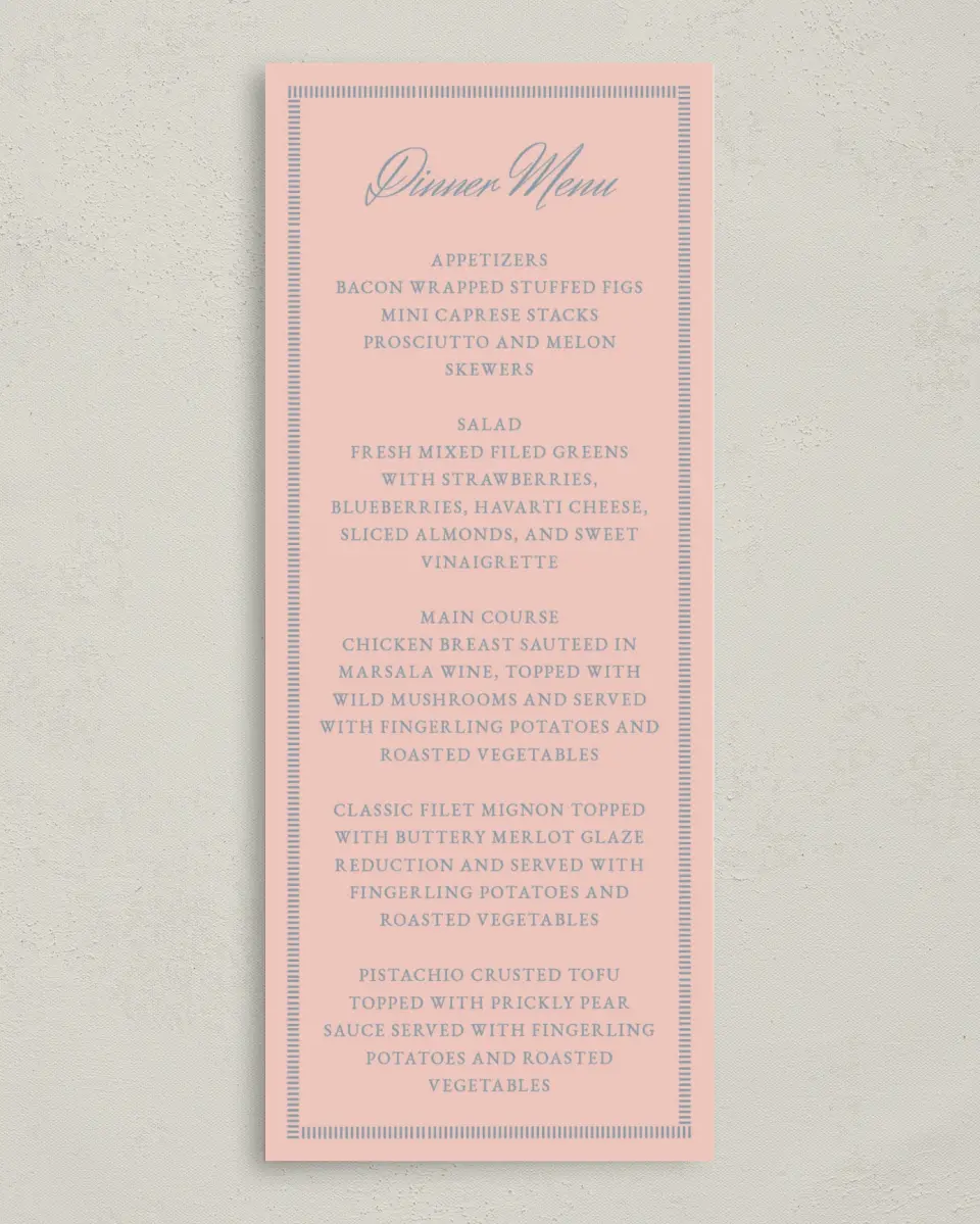 This is a 3⅝" x 8⅞" Wedding Menu Card called Watch Hill printed in full color on Premium Smooth paper