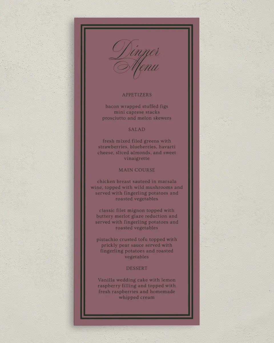 This is a 3⅝" x 8⅞" Wedding Menu Card called Hillsborough printed in full color on Premium Smooth paper
