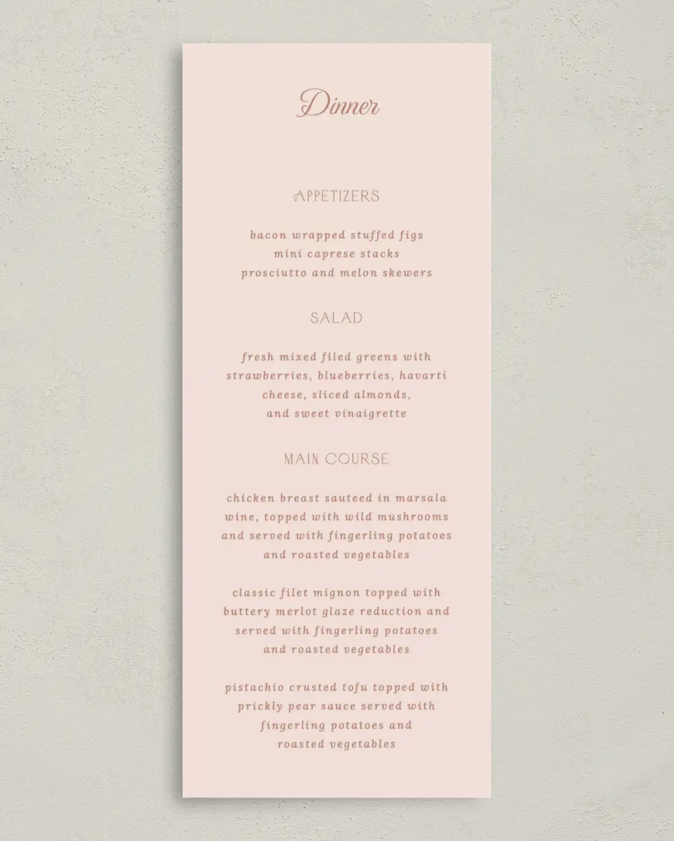 This is a 3⅝" x 8⅞" Wedding Menu Card called Bridgetown printed in full color on Premium Smooth paper