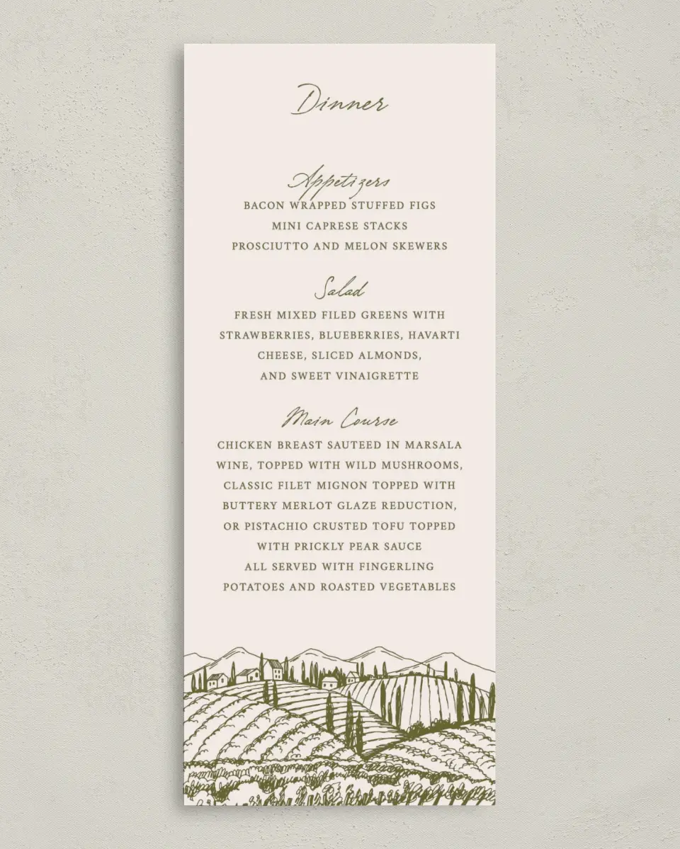This is a 3⅝" x 8⅞" Wedding Menu Card called Ivyhill printed in full color on Premium Smooth paper