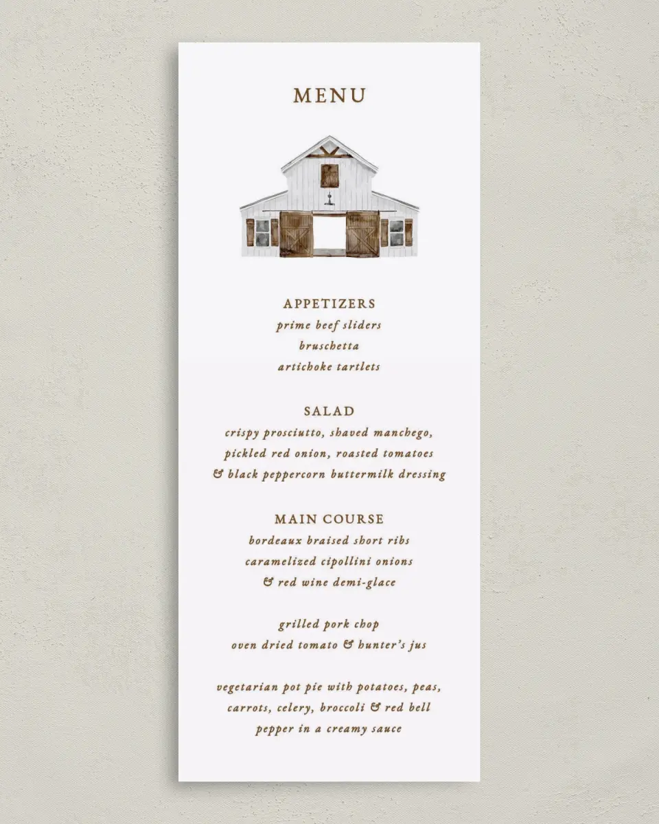 This is a 3⅝" x 8⅞" Wedding Menu Card called Cedarhill Crossing printed in full color on Premium Smooth paper