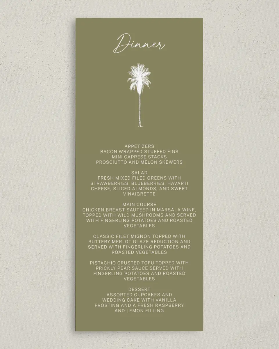This is a 3⅝" x 8⅞" Wedding Menu Card called The Wilclift printed in full color on Premium Smooth paper