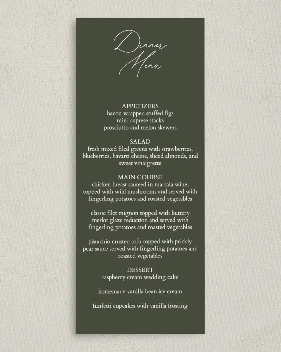 This is a 3⅝" x 8⅞" Wedding Menu Card called Willowmere printed in full color on Premium Smooth paper