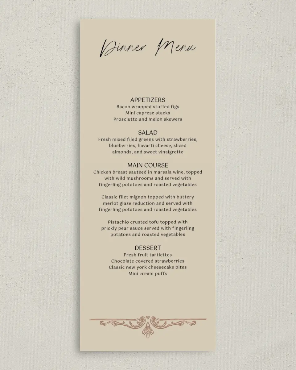 This is a 3⅝" x 8⅞" Wedding Menu Card called Nazareth & Stone printed in full color on Premium Smooth paper