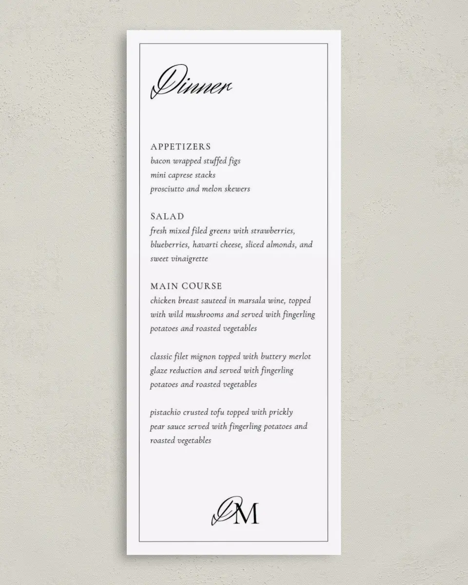 This is a 3⅝" x 8⅞" Wedding Menu Card called Commonwealth Club printed in full color on Premium Smooth paper
