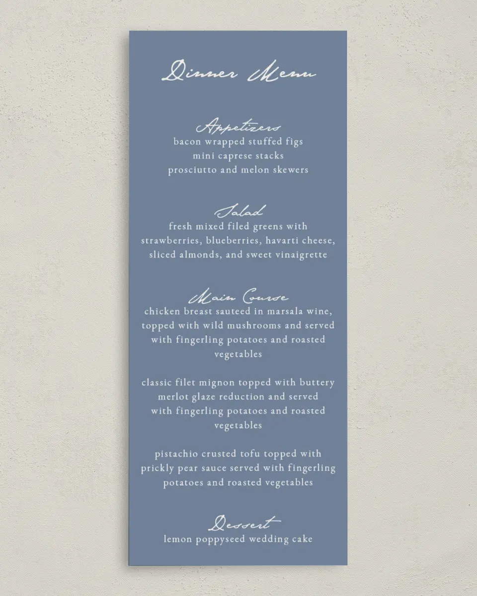 This is a 3⅝" x 8⅞" Wedding Menu Card called Rosewood printed in full color on Premium Smooth paper