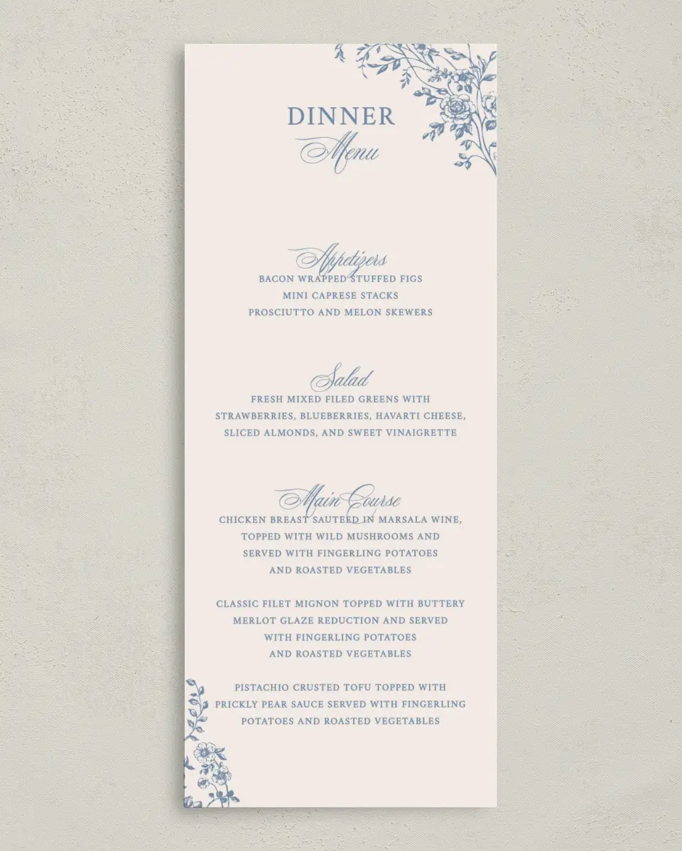 This is a 3⅝" x 8⅞" Wedding Menu Card called Vintage Reverie printed in full color with Silver foil on Luxe Satin (coated) paper