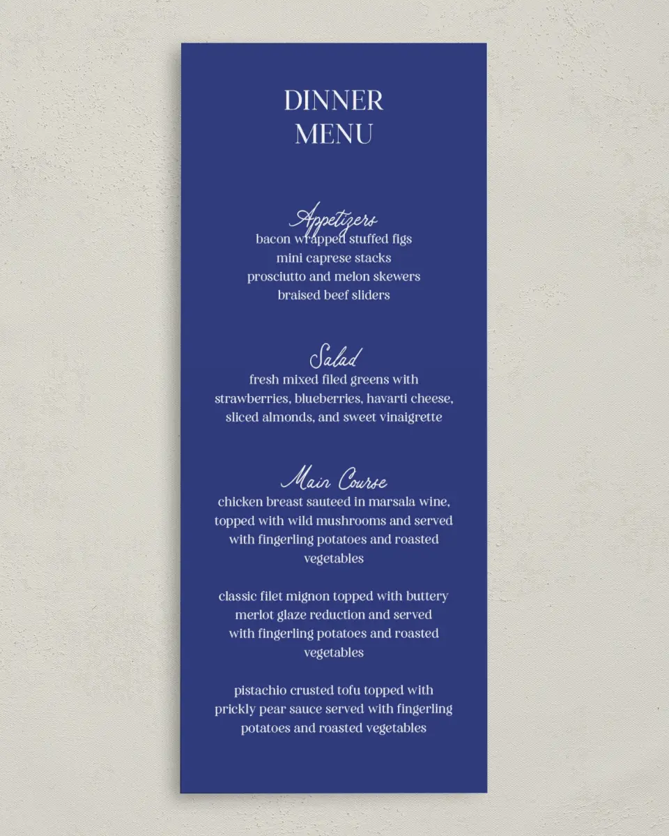 This is a 3⅝" x 8⅞" Wedding Menu Card called Storybook Garden printed in full color on Premium Smooth paper