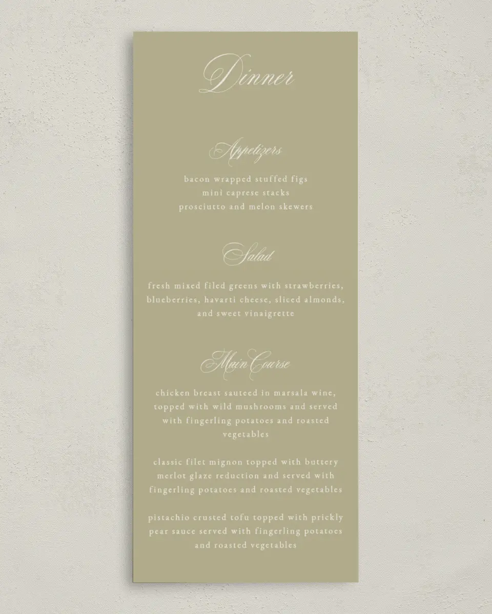 This is a 3⅝" x 8⅞" Wedding Menu Card called Forever Favorite printed in full color on Premium Smooth paper