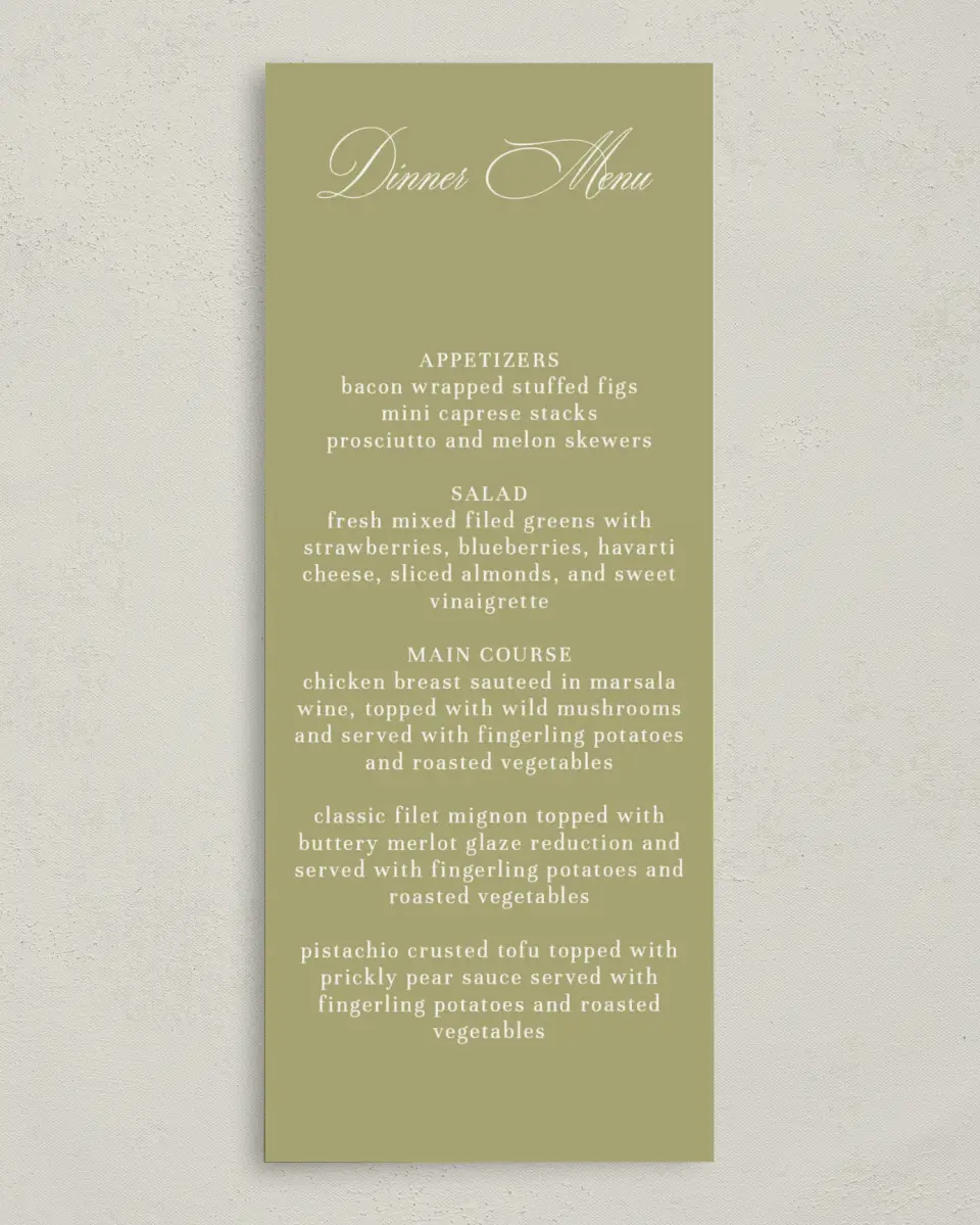 This is a 3⅝" x 8⅞" Wedding Menu Card called Evening in Bloom printed in full color on Premium Smooth paper