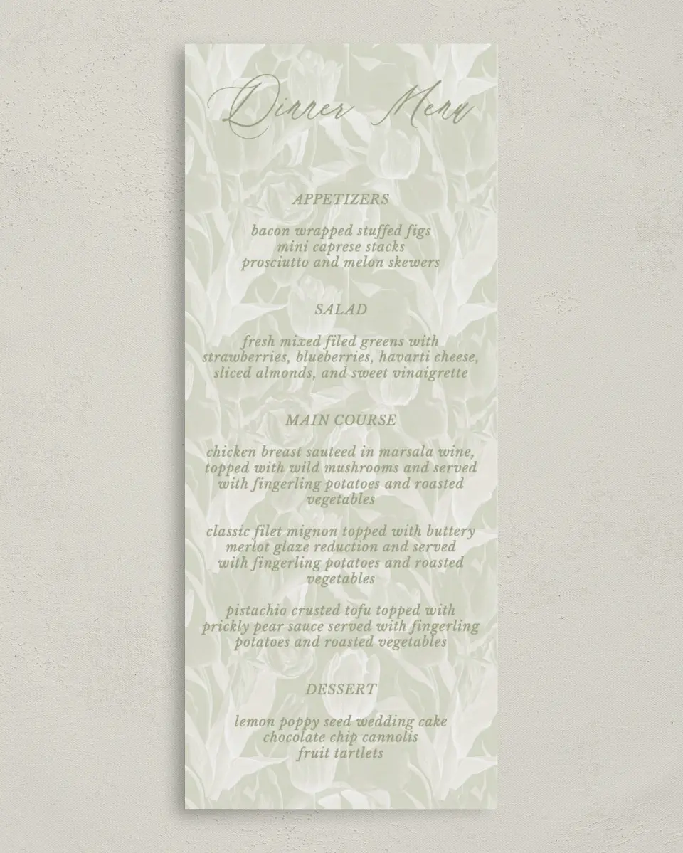 This is a 3⅝" x 8⅞" Wedding Menu Card called Timeless Tulips printed in full color on Premium Smooth paper