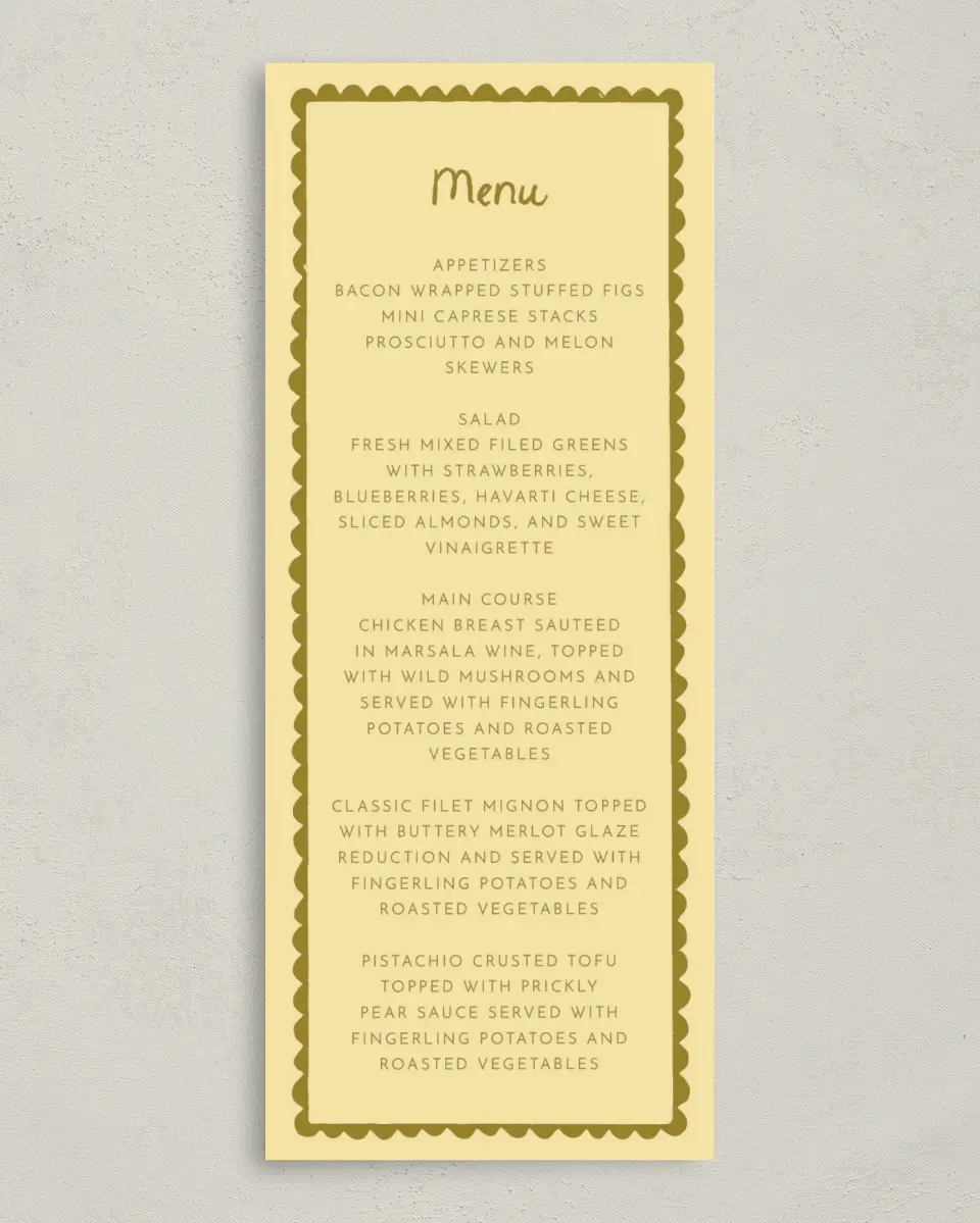 This is a 3⅝" x 8⅞" Wedding Menu Card called Scalloped Elegance printed in full color on Premium Smooth paper