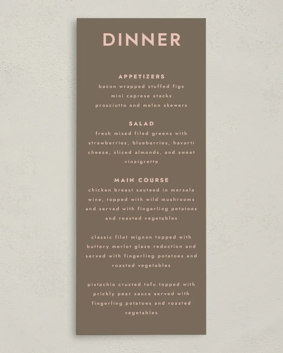 This is a 3⅝" x 8⅞" Wedding Menu Card called Serendipity & Stripes printed in full color on Premium Smooth paper