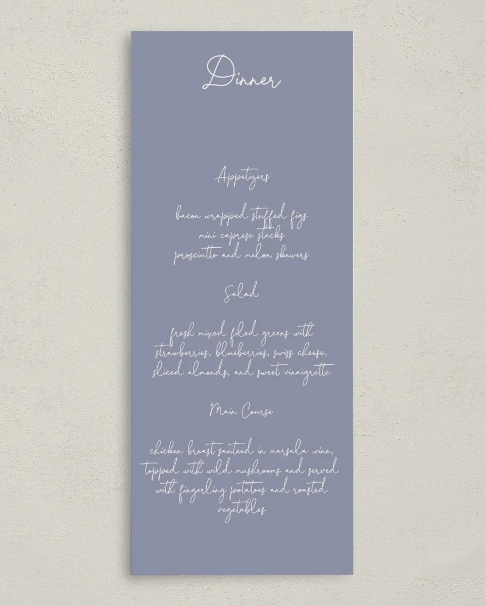 This is a 3⅝" x 8⅞" Wedding Menu Card called Yours Truly printed in full color on Premium Smooth paper