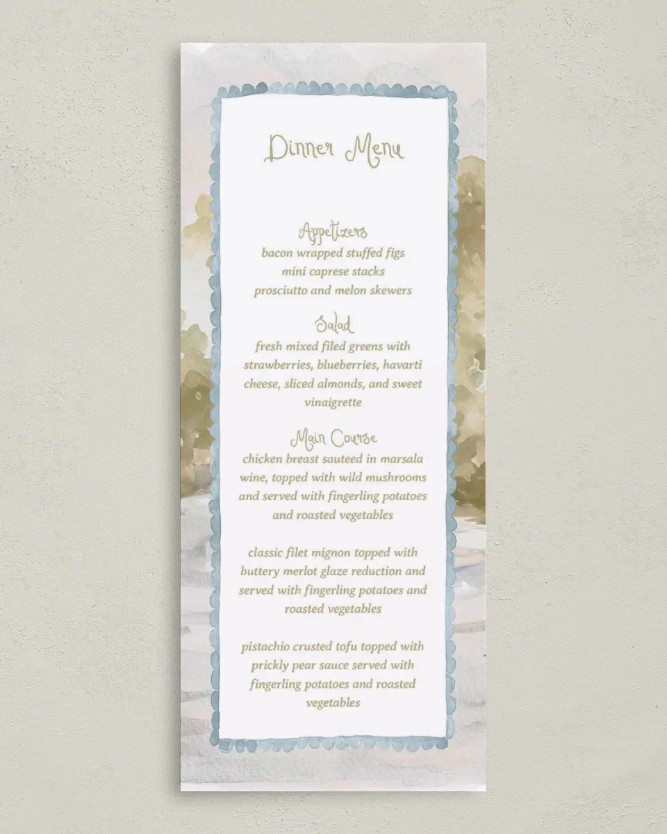 This is a 3⅝" x 8⅞" Wedding Menu Card called Soft Meadows printed in full color on Premium Smooth paper