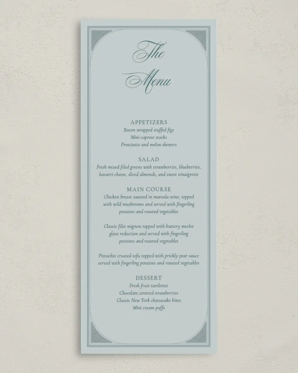 This is a 3⅝" x 8⅞" Wedding Menu Card called Delicate Vintage printed in full color with Silver foil on Luxe Satin (coated) paper