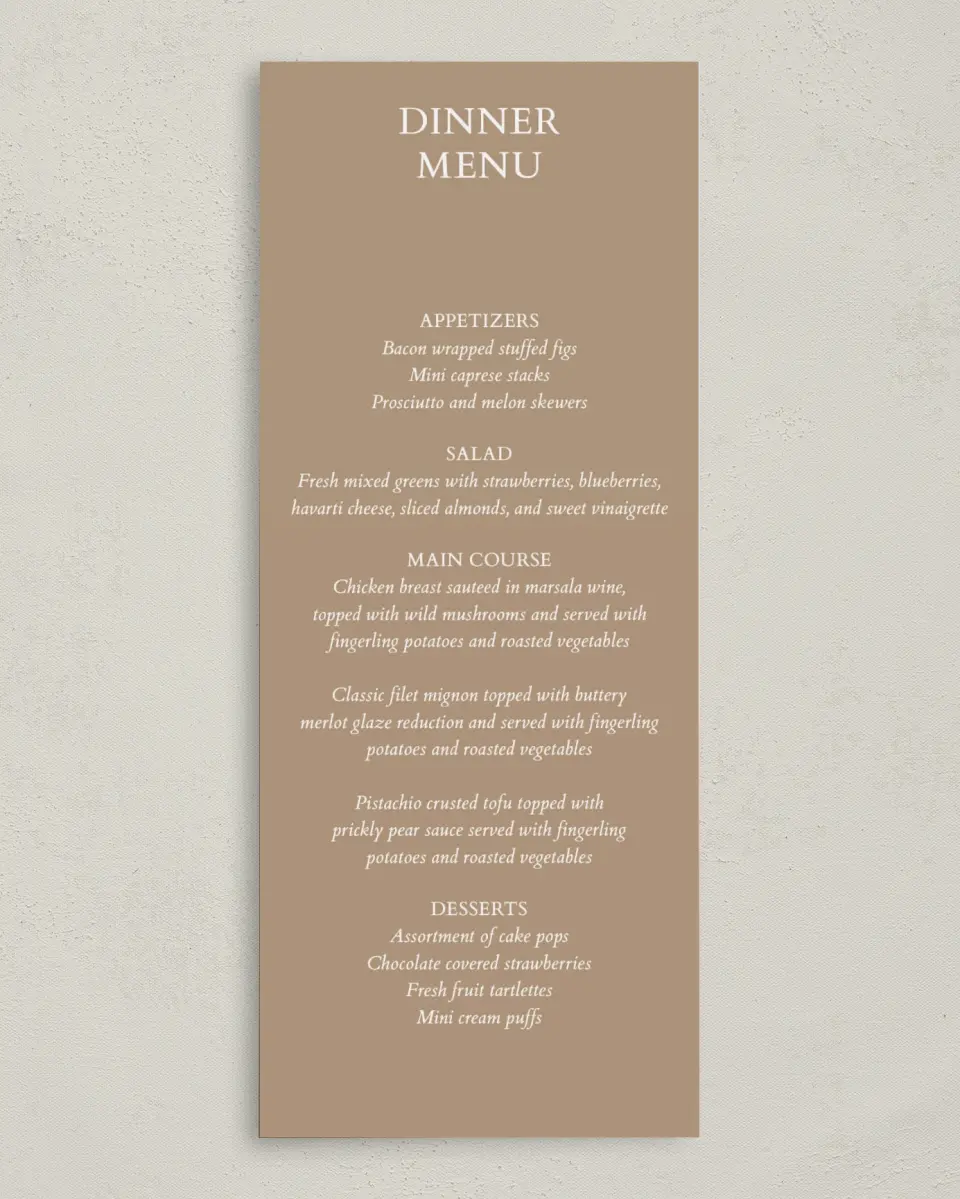 This is a 3⅝" x 8⅞" Wedding Menu Card called Soft Branchlets printed in full color on Premium Smooth paper