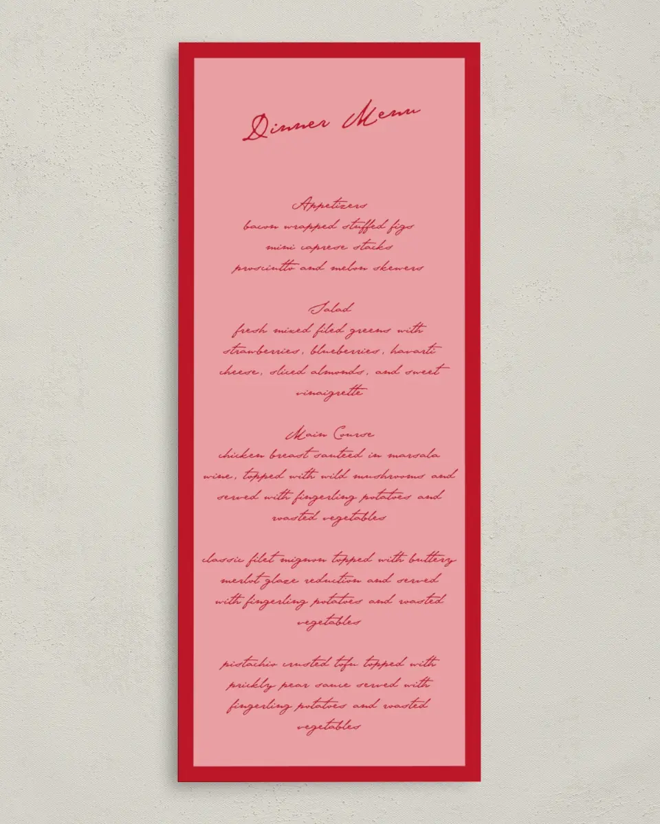 This is a 3⅝" x 8⅞" Wedding Menu Card called With All Our Love printed in full color on Premium Smooth paper