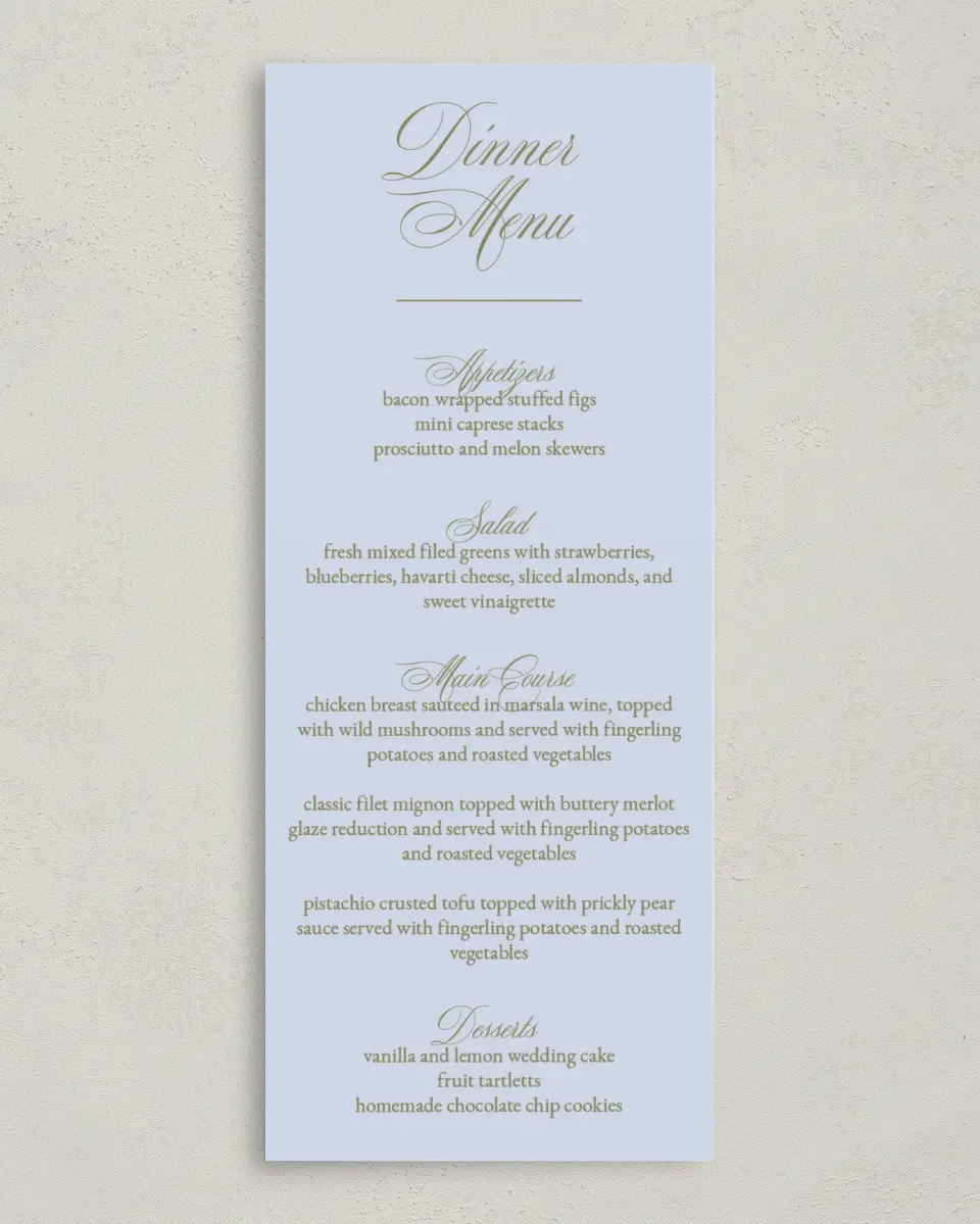 This is a 3⅝" x 8⅞" Wedding Menu Card called Signature Vows printed in full color with Silver foil on Luxe Satin (coated) paper