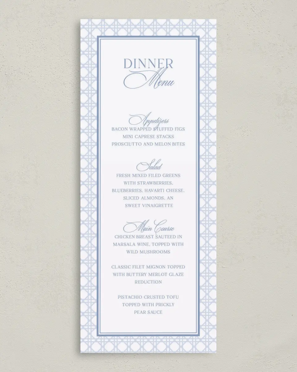 This is a 3⅝" x 8⅞" Wedding Menu Card called Woven Serenity printed in full color with Silver foil on Luxe Satin (coated) paper