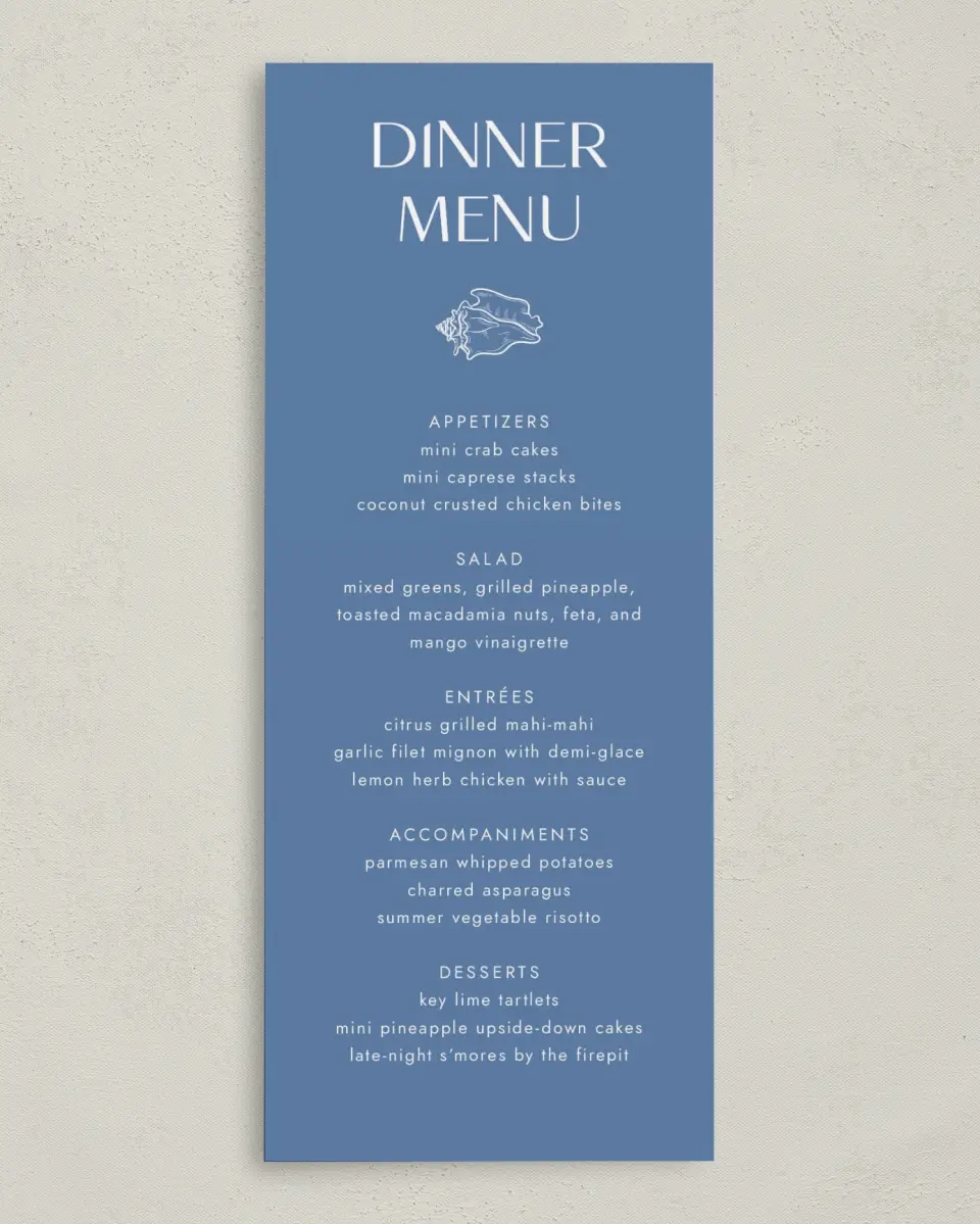 This is a 3⅝" x 8⅞" Wedding Menu Card called Seaside Serenade printed in full color on Premium Smooth paper