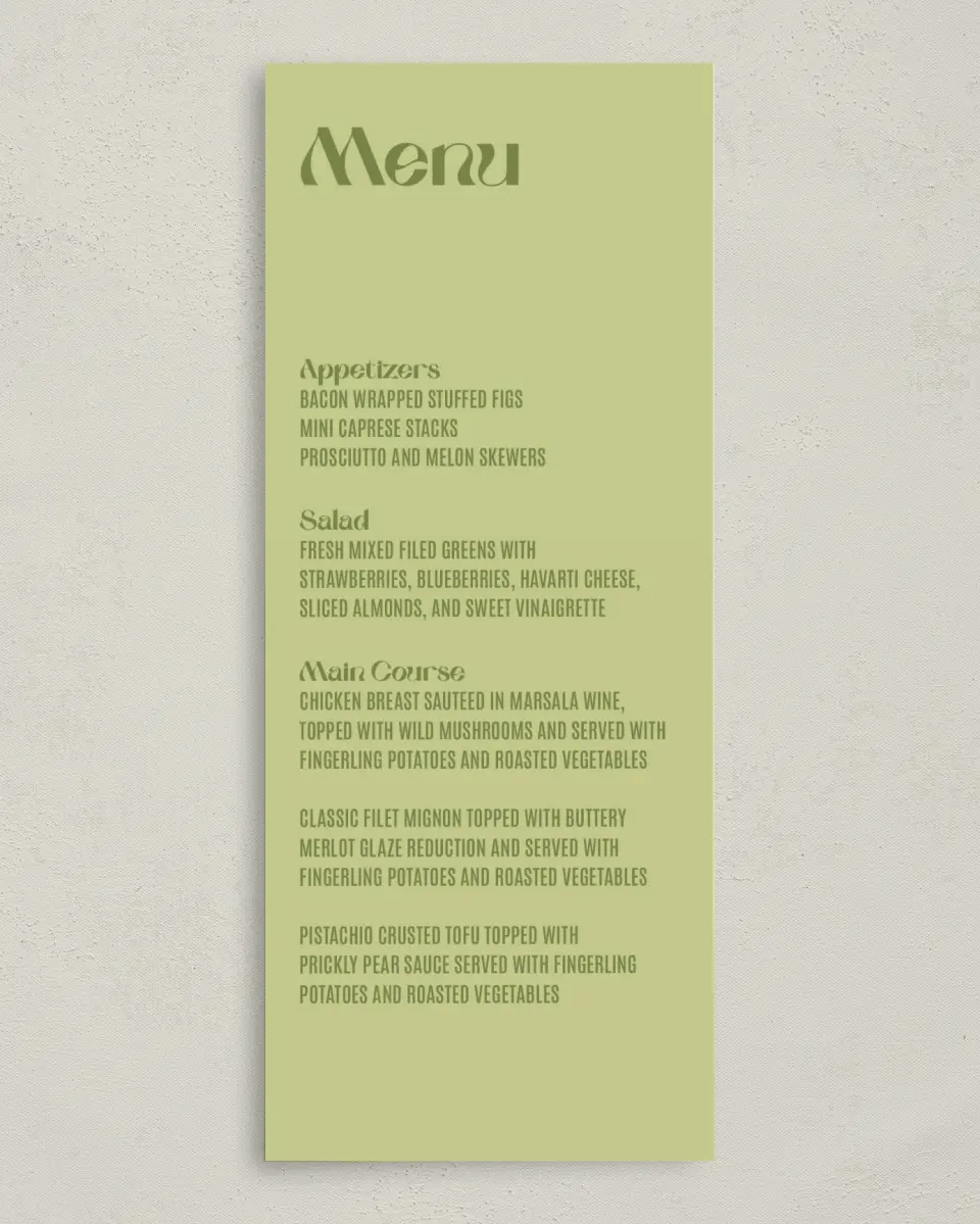 This is a 3⅝" x 8⅞" Wedding Menu Card called Zephyr printed in full color on Premium Smooth paper