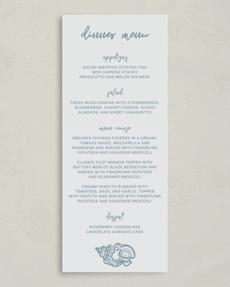 This is a 3⅝" x 8⅞" Wedding Menu Card called I Hear Wedding Shells printed in full color on Premium Smooth paper