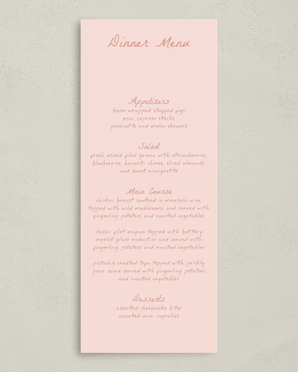 This is a 3⅝" x 8⅞" Wedding Menu Card called Maritime Vows printed in full color on Premium Smooth paper