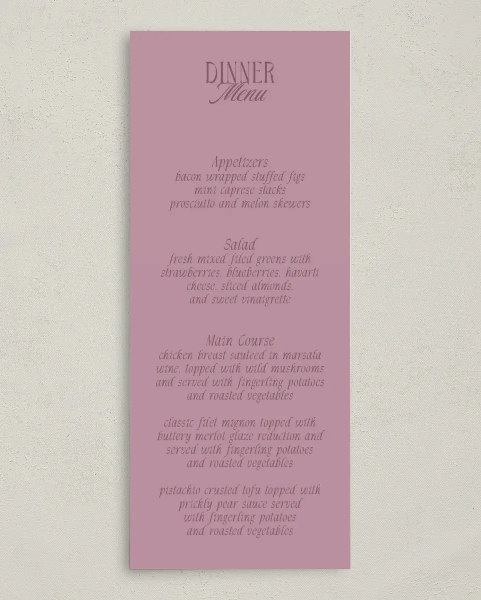 This is a 3⅝" x 8⅞" Wedding Menu Card called Ornate Garden printed in full color on Premium Smooth paper