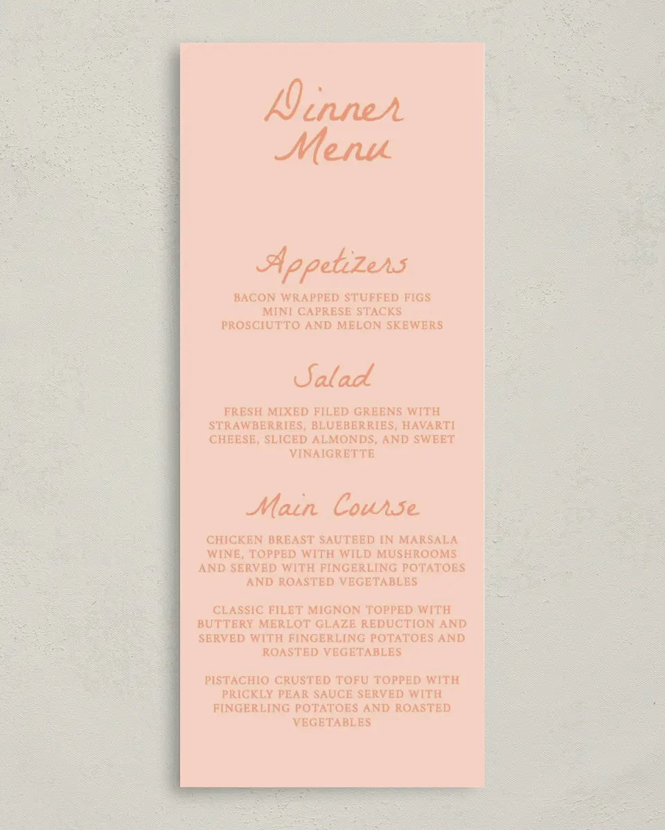 This is a 3⅝" x 8⅞" Wedding Menu Card called Ever After Blooms printed in full color on Premium Smooth paper
