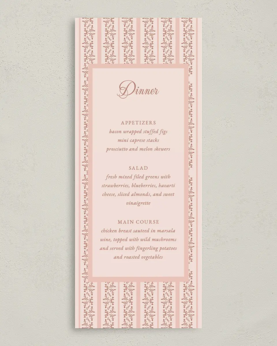 This is a 3⅝" x 8⅞" Wedding Menu Card called Patterned Love printed in full color on Premium Smooth paper