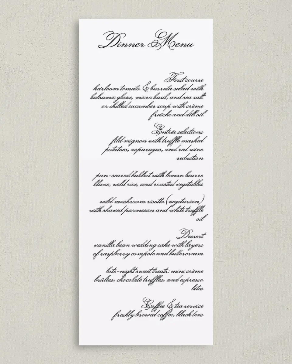 This is a 3⅝" x 8⅞" Wedding Menu Card called Formal Script printed in full color on Premium Smooth paper