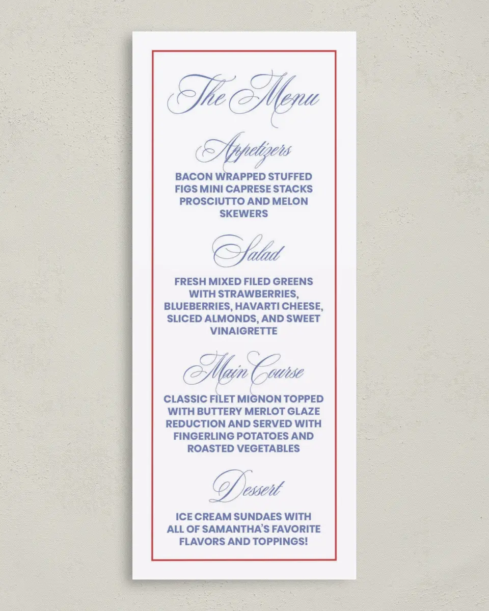 This is a 3⅝" x 8⅞" Bachelorette Party Thank You Card called Red, Bride, and Blue printed in full color on Premium Smooth paper