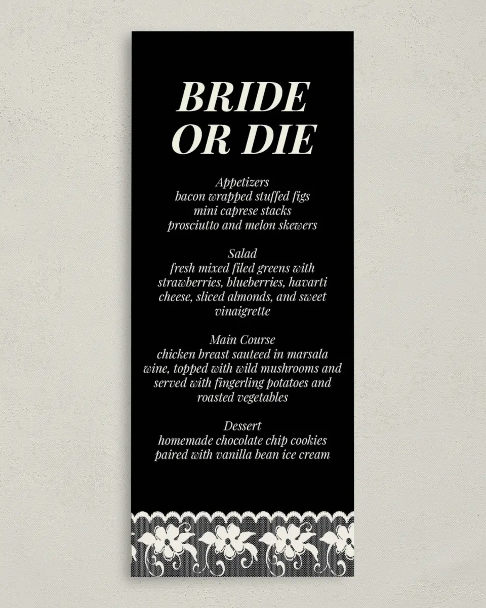 This is a 3⅝" x 8⅞" Bachelorette Party Thank You Card called Bride or Die printed in full color on Premium Smooth paper