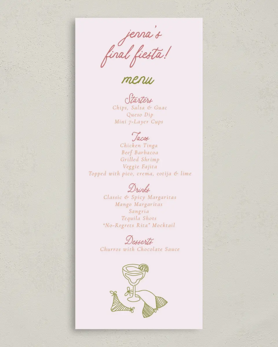 This is a 3⅝" x 8⅞" Bachelorette Party Thank You Card called Bride's Last Fiesta printed in full color on Premium Smooth paper