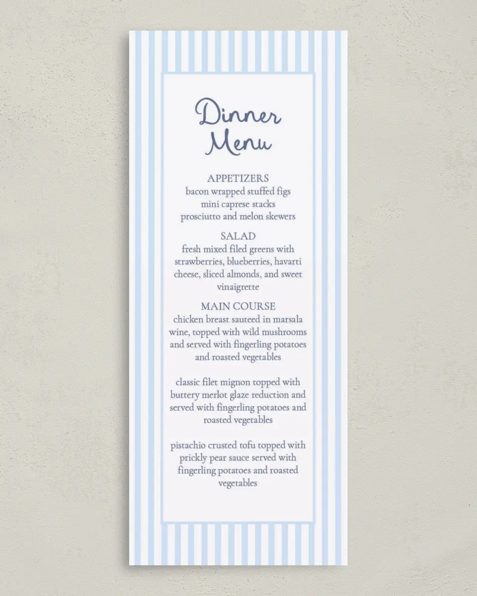 This is a 3⅝" x 8⅞" Wedding Menu Card called Love by the Sea printed in full color with Silver foil on Luxe Satin (coated) paper