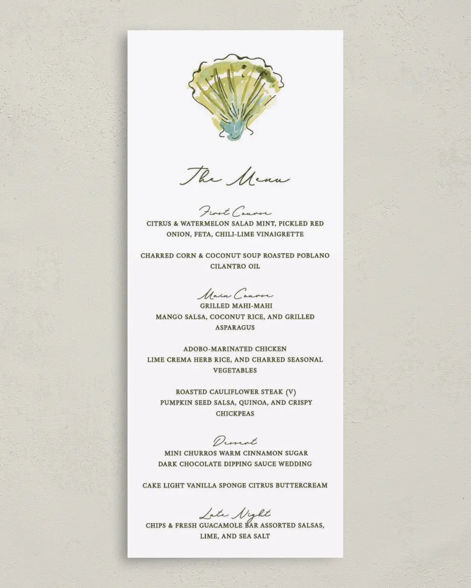 This is a 3⅝" x 8⅞" Wedding Menu Card called Whimsical Shells printed in full color on Premium Smooth paper