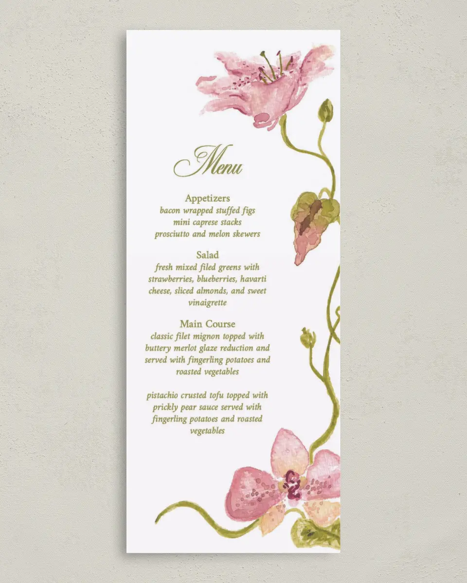 This is a 3⅝" x 8⅞" Wedding Menu Card called Paradise in Bloom printed in full color on Premium Smooth paper