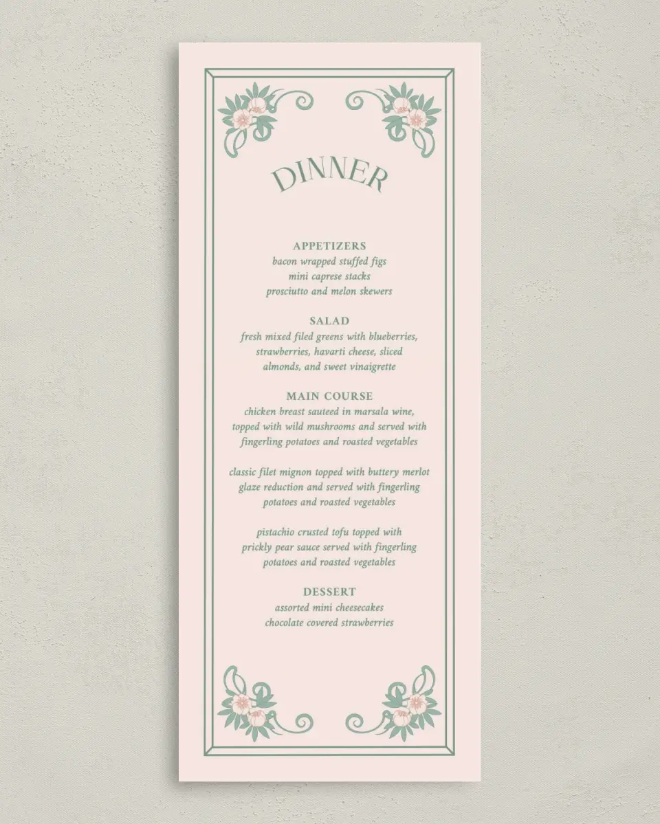 This is a 3⅝" x 8⅞" Wedding Menu Card called Vintage Dream printed in full color with Gold foil on Premium Smooth paper