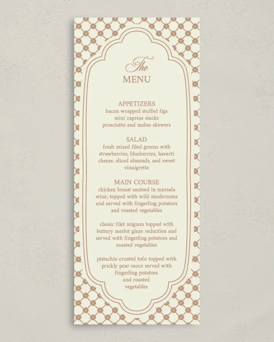 This is a 3⅝" x 8⅞" Wedding Menu Card called Beaded Veil printed in full color with Silver foil on Luxe Satin (coated) paper