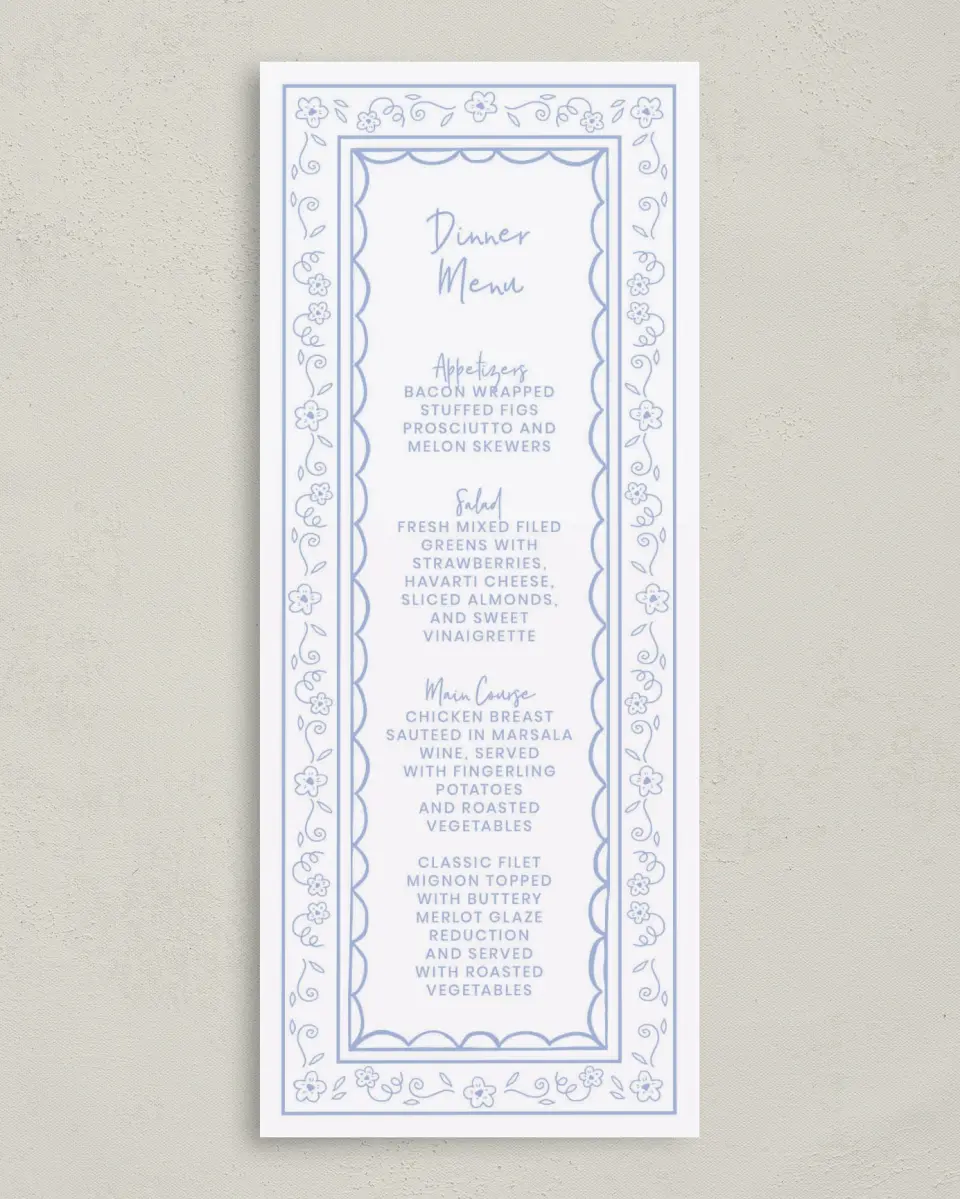 This is a 3⅝" x 8⅞" Wedding Menu Card called Framed in Flowers printed in full color with Silver foil on Luxe Satin (coated) paper