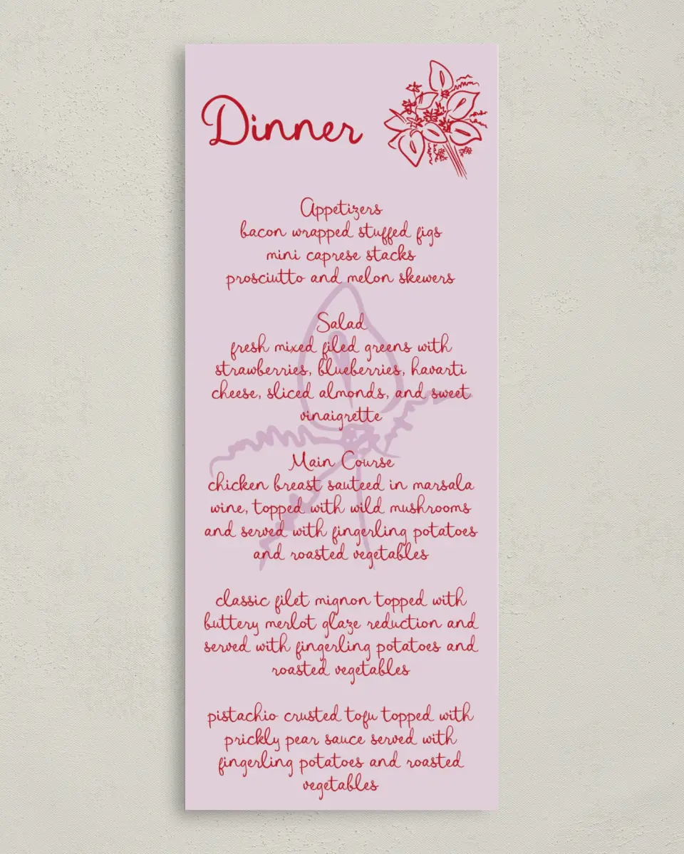 This is a 3⅝" x 8⅞" Wedding Menu Card called Flourishing Love printed in full color with Silver foil on Luxe Satin (coated) paper