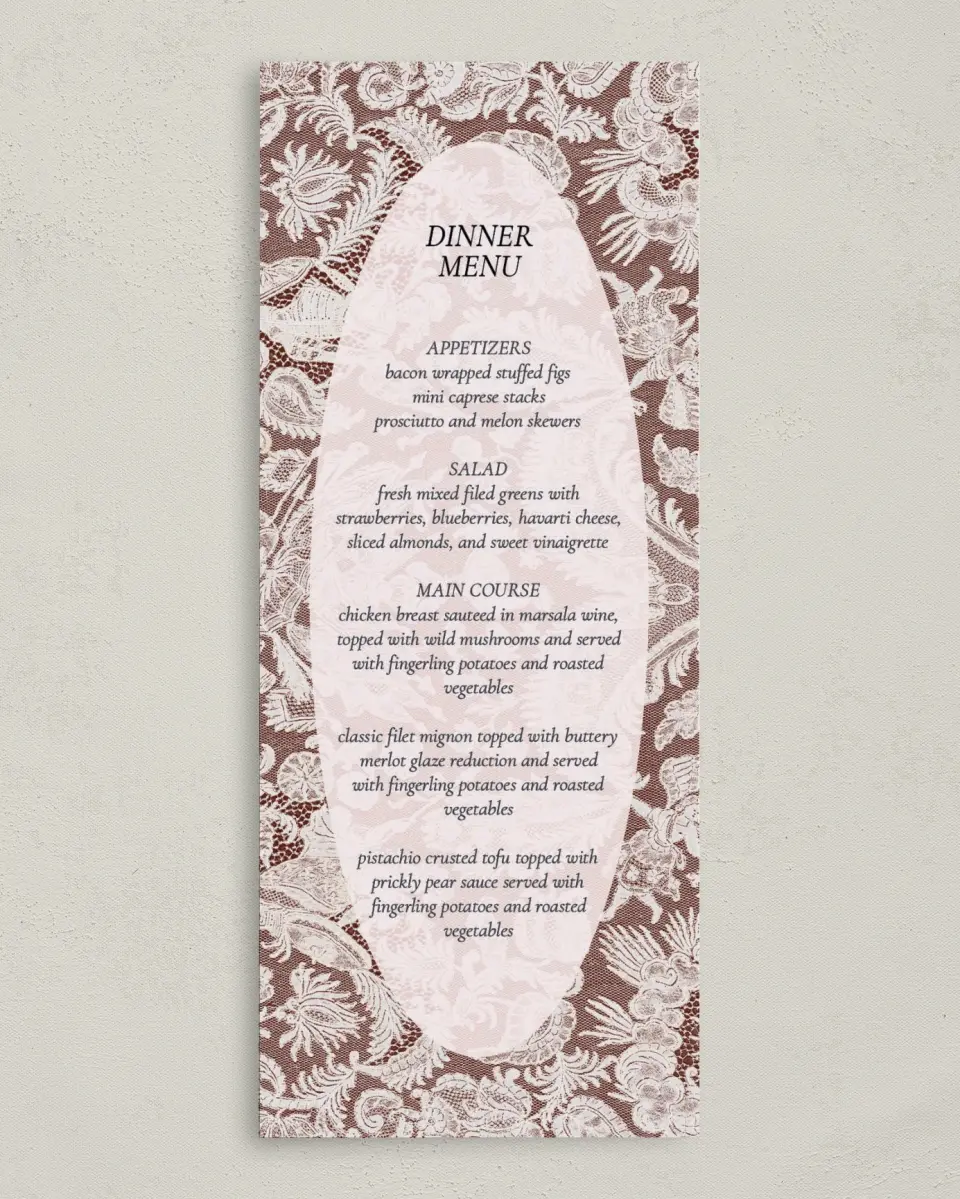 This is a 3⅝" x 8⅞" Wedding Menu Card called Trimmed Lace printed in full color with Silver foil on Luxe Satin (coated) paper