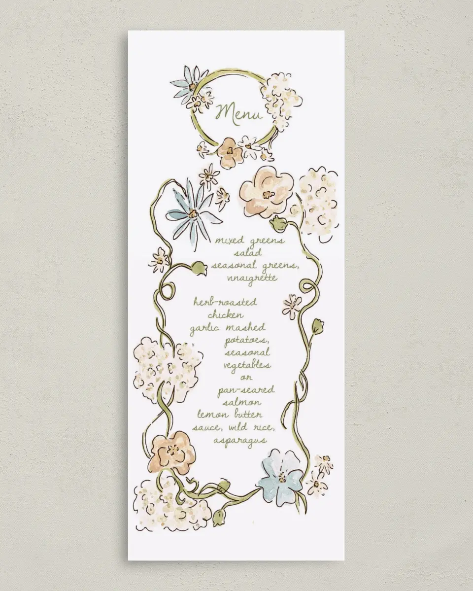 This is a 3⅝" x 8⅞" Wedding Menu Card called Soft Garden Vows printed in full color with Silver foil on Luxe Satin (coated) paper