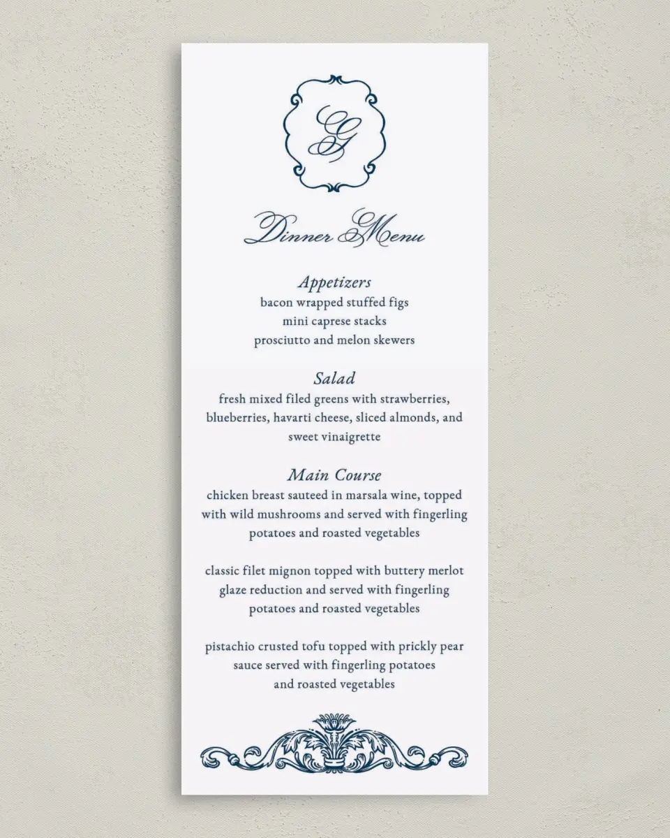 This is a 3⅝" x 8⅞" Wedding Menu Card called Heirloom Crest printed in full color with Gold foil on Premium Smooth paper