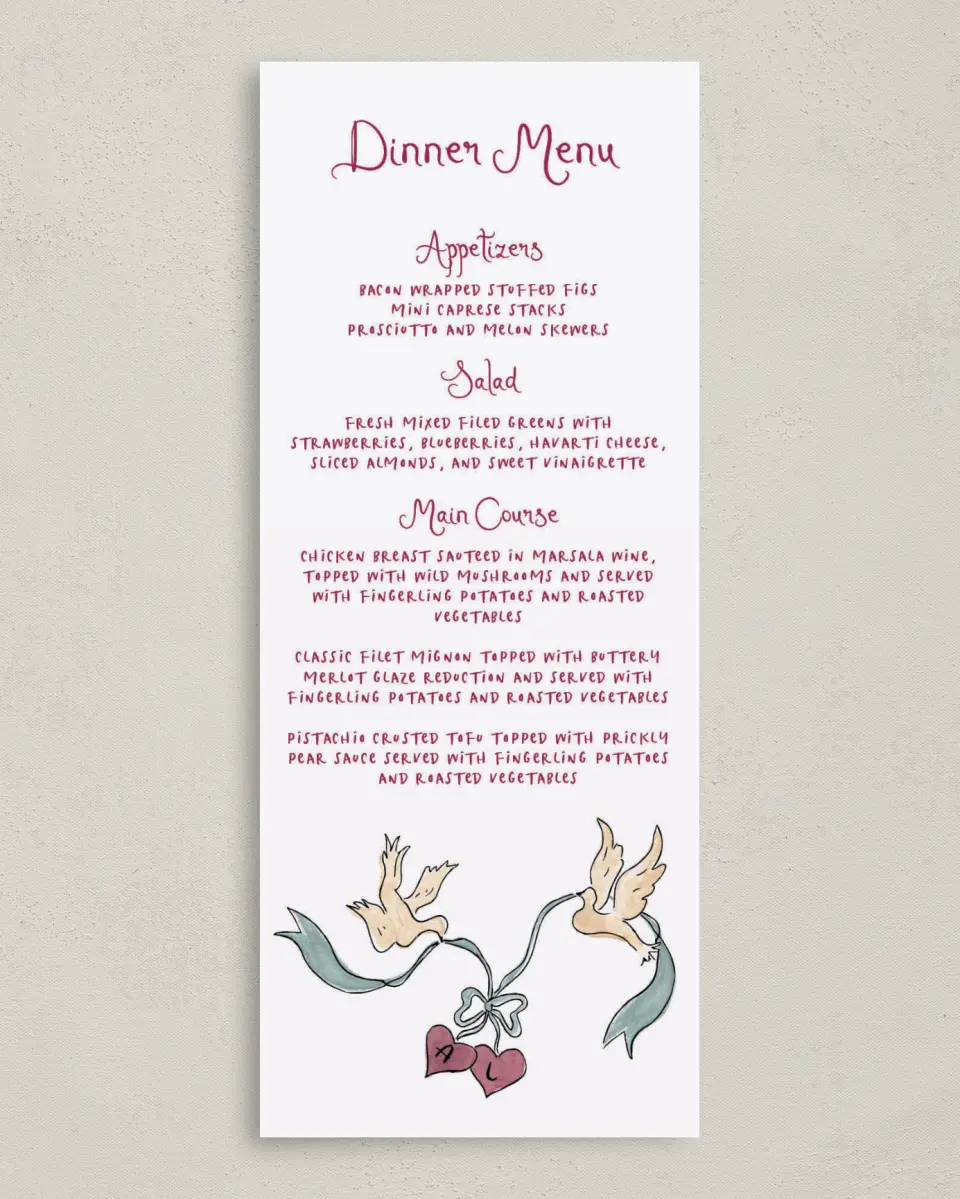 This is a 3⅝" x 8⅞" Wedding Menu Card called Love Dove printed in full color with Gold foil on Premium Smooth paper